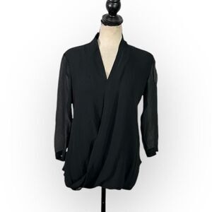 Babaton Aritzia Beau Wrap Blouse Women's XXS Black Silk 3/4 Sleeves Sheer V-Neck